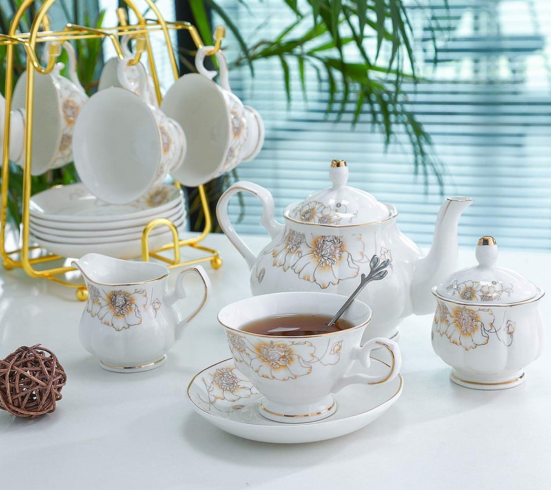 CHENP.HMC Tea Set 22-Piece Porcelain Ceramic Coffee Tea Gift Sets Cups Saucer Service for 6 Teapot Sugar Bowl Creamer Pitcher and Teaspoons (Chrysanthemum) - Image 2