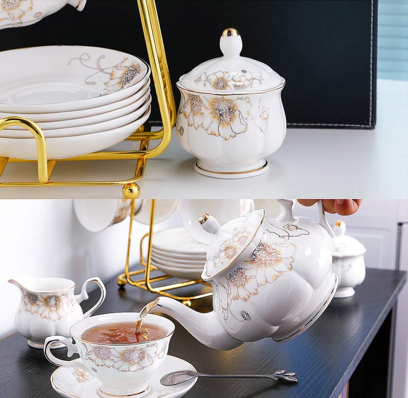 CHENP.HMC Tea Set 22-Piece Porcelain Ceramic Coffee Tea Gift Sets Cups Saucer Service for 6 Teapot Sugar Bowl Creamer Pitcher and Teaspoons (Chrysanthemum) - Image 4