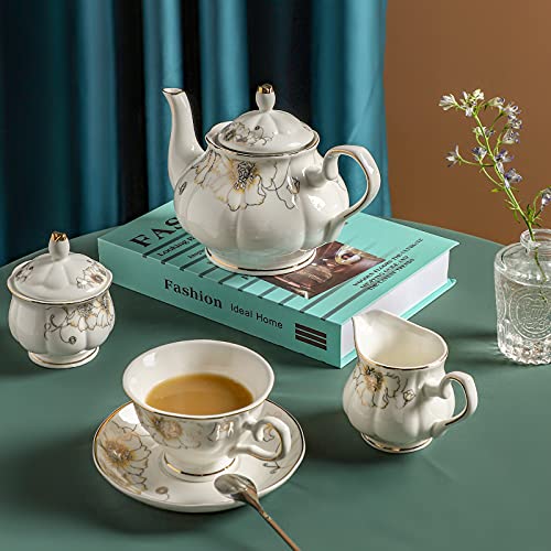 CHENP.HMC Tea Set 22-Piece Porcelain Ceramic Coffee Tea Gift Sets Cups Saucer Service for 6 Teapot Sugar Bowl Creamer Pitcher and Teaspoons (Chrysanthemum) - Image 5