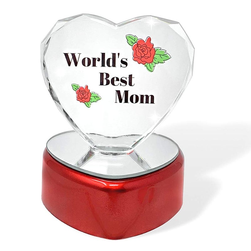 BANBERRY DESIGNS World's Best Mom Lighted Heart - Light Up LED Crystal Heart - Etched Rose Design on Red Heart Shaped Lighted Base - Measures 4" H x 3" W - Image 1