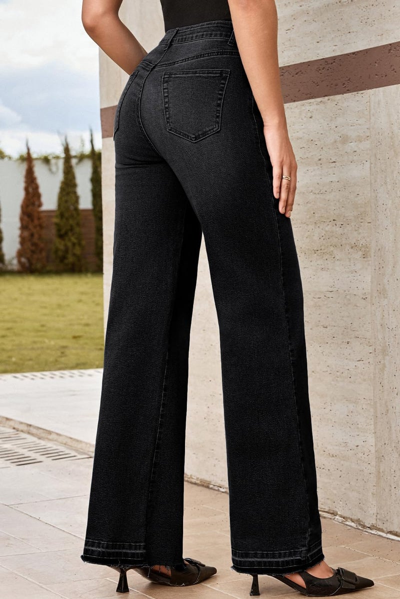 EVALESS Womens Jeans 2026 Trendy High Waist Straight Leg Wide Leg Frayed Baggy Raw Hem Boyfriends Stretchy Zimbaplatinum Denim Pants Trousers,Black Size 8 - Image 4