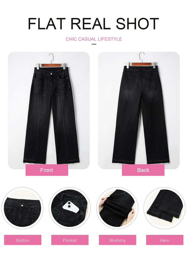 EVALESS Womens Jeans 2026 Trendy High Waist Straight Leg Wide Leg Frayed Baggy Raw Hem Boyfriends Stretchy Zimbaplatinum Denim Pants Trousers,Black Size 8 - Image 5