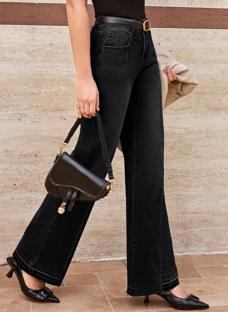 EVALESS Womens Jeans 2026 Trendy High Waist Straight Leg Wide Leg Frayed Baggy Raw Hem Boyfriends Stretchy Zimbaplatinum Denim Pants Trousers,Black Size 8 - Image 2