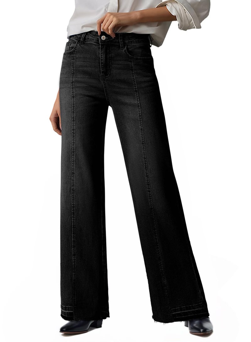 EVALESS Womens Jeans 2026 Trendy High Waist Straight Leg Wide Leg Frayed Baggy Raw Hem Boyfriends Stretchy Zimbaplatinum Denim Pants Trousers,Black Size 8 - Image 1