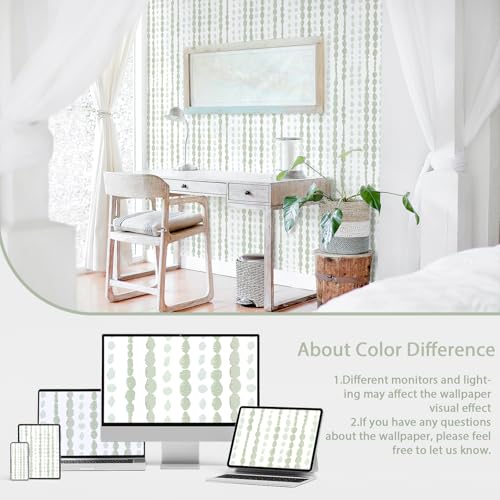 Naphite Green and White Peel and Stick Wallpaper Boho Contact Paper for Cabinet Drawer Striped Self Adhesive Removable Wallpaper for Bedroom Modern Dot Nursery Kid Waterproof Shelf Liner17.3inW78.7inL - Image 2