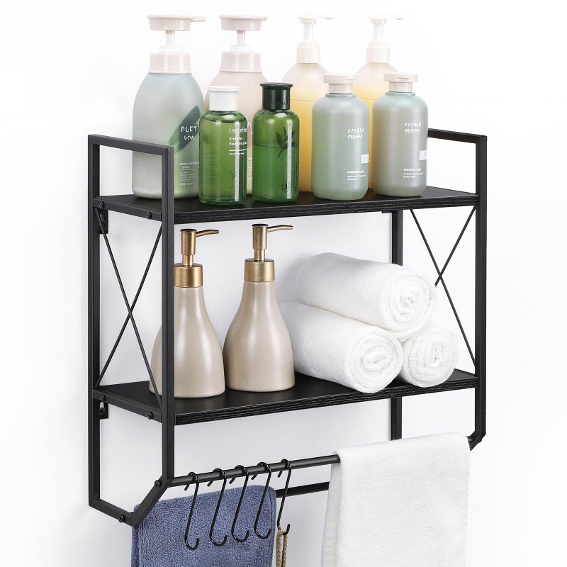 Bathroom Towel Rack 2 Tier Wall Shelf with Towel Bar Rustic Towel Rack with Shelf for Wall Storage Shelves with Hooks Over Toilet Shelf Wall Mounted Towel Holder Shelf Floating Shelves for Home Brown