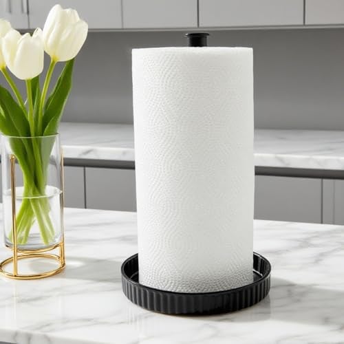 VROOMIUM Paper Towel Holder Countertop, Ceramic Base Easy-to-Clean, 1.5 lbs, 7" B x 12.5" H, Stable Elegant and Durable Kitchen Roll Stand, Classic Black - Image 1