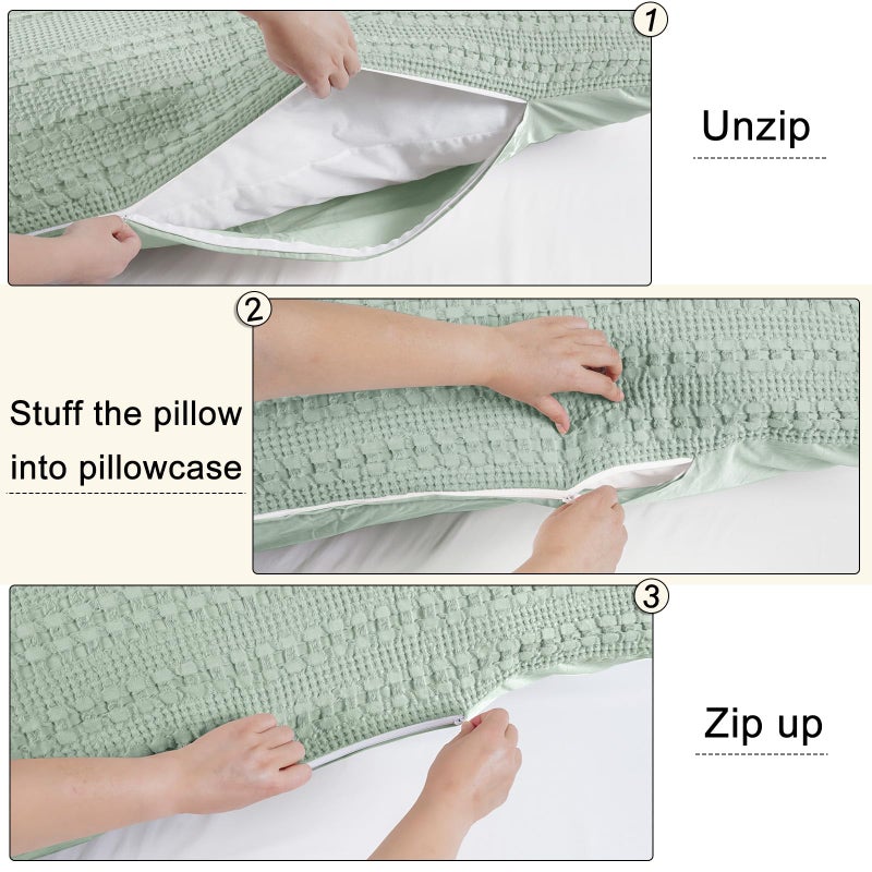 Phf 100% Cotton Waffle Body Pillowcase With Zipper  1 Pack 20"" X 54"" Soft Skin-Friendly Pillow Sham  No Filling  Aesthetic Woven And Breathable Waffle Weave Body Pillow Cover For Bed  Mint Green - Image 4