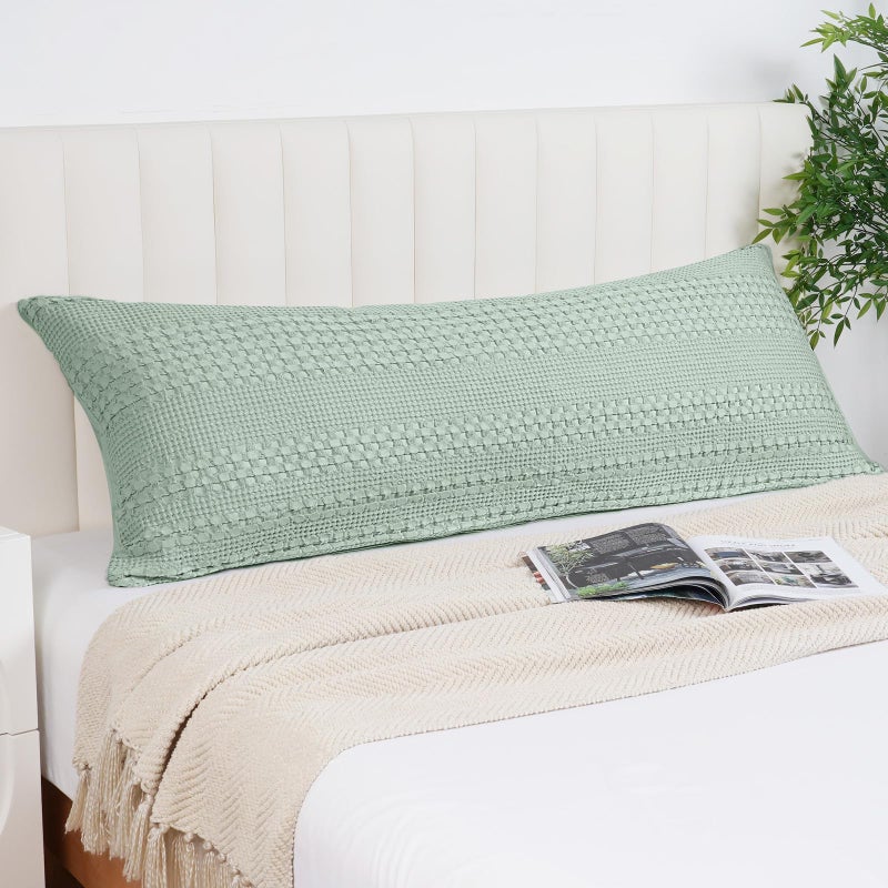 Phf 100% Cotton Waffle Body Pillowcase With Zipper  1 Pack 20"" X 54"" Soft Skin-Friendly Pillow Sham  No Filling  Aesthetic Woven And Breathable Waffle Weave Body Pillow Cover For Bed  Mint Green - Image 1