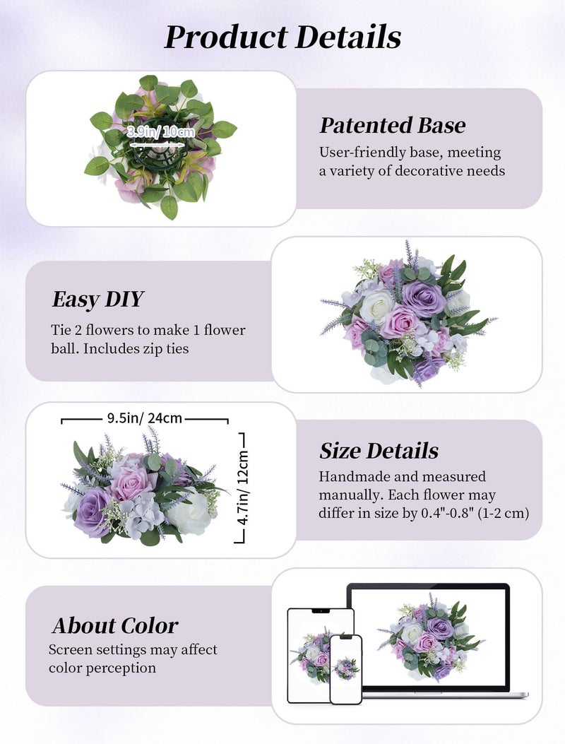 BLOSMON Purple Flowers Artificial for Decoration: 10 Pieces 9.5 Inch Fake Flower Ball Centerpieces for Wedding Tables - Lilac White Rose Lavender Fake Silk Kissing Floral Arrangements - Image 5