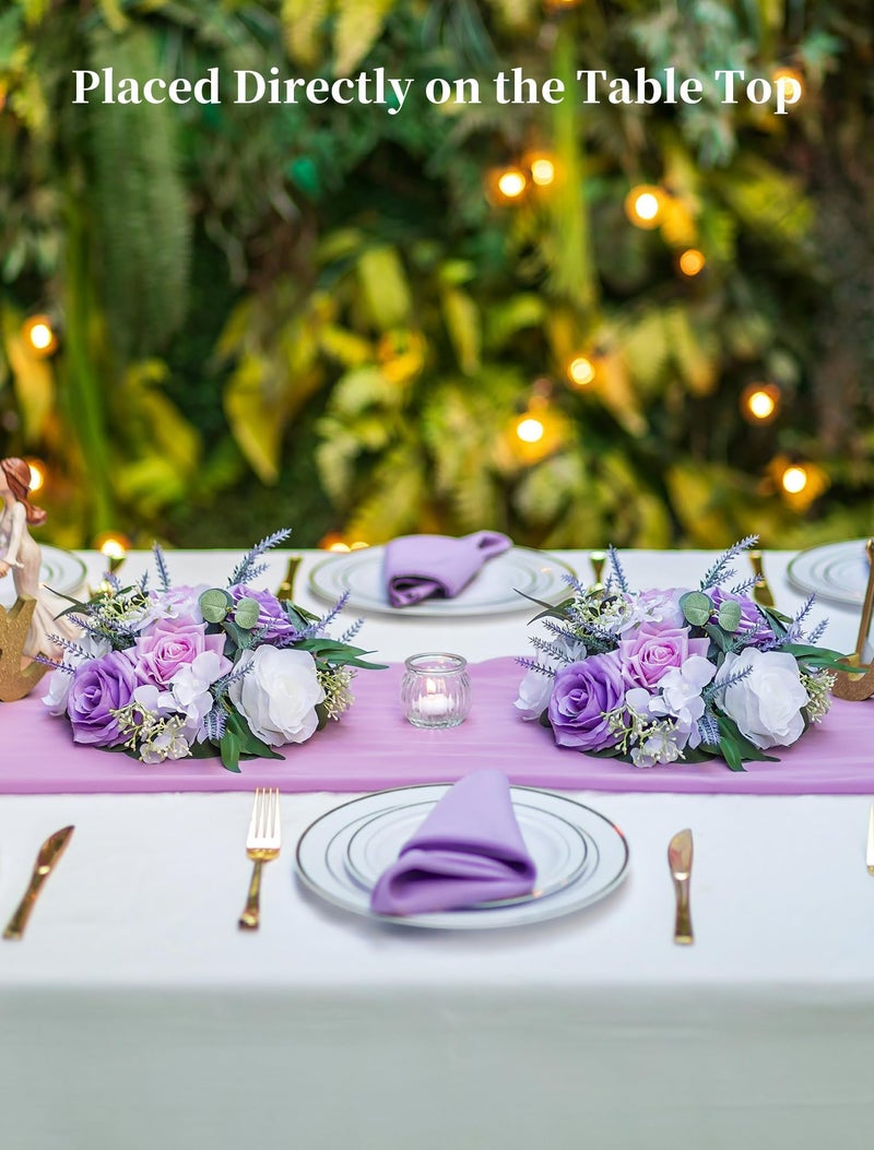 BLOSMON Purple Flowers Artificial for Decoration: 10 Pieces 9.5 Inch Fake Flower Ball Centerpieces for Wedding Tables - Lilac White Rose Lavender Fake Silk Kissing Floral Arrangements - Image 2