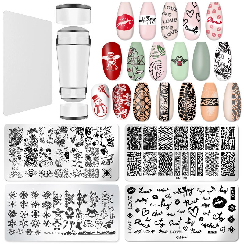 Bluezoo Nail Stamper Plate Kit, 4x Nail Stamping Plates +Dual-end Silicone Nail Art Stamper +Scraper, Snowflake & Spring Butterfly Flowers &Leopard Snake & Kiss Heart, DIY Design Manicure Salon Home, BlueZOO - Image 1