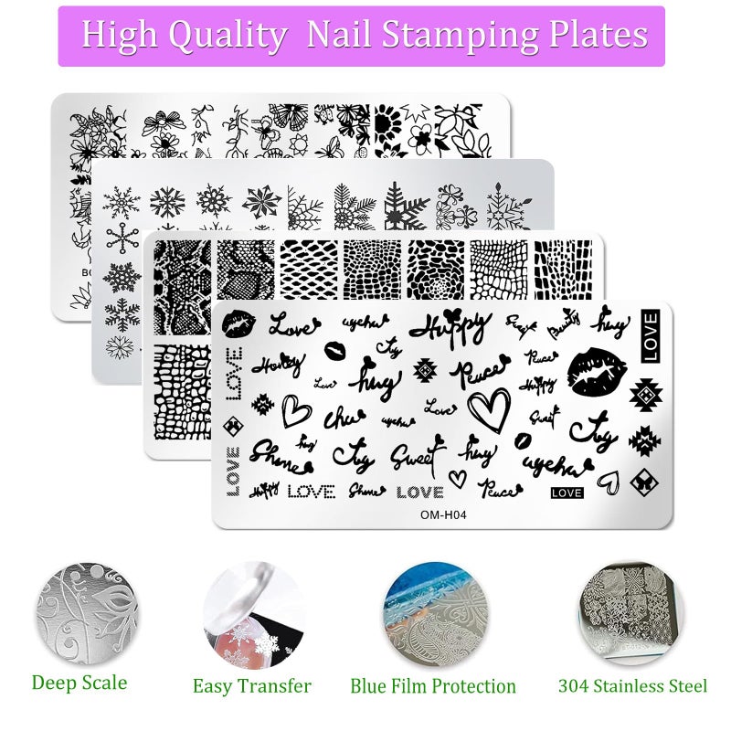 Bluezoo Nail Stamper Plate Kit, 4x Nail Stamping Plates +Dual-end Silicone Nail Art Stamper +Scraper, Snowflake & Spring Butterfly Flowers &Leopard Snake & Kiss Heart, DIY Design Manicure Salon Home, BlueZOO - Image 3