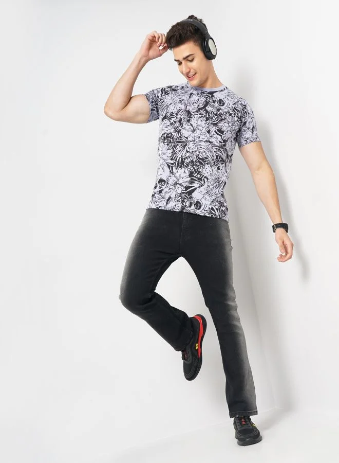 The Indian Garage Co Men Slim Fit Tropical Print Round Neck Tshirt