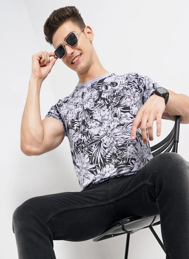 The Indian Garage Co Men Slim Fit Tropical Print Round Neck Tshirt