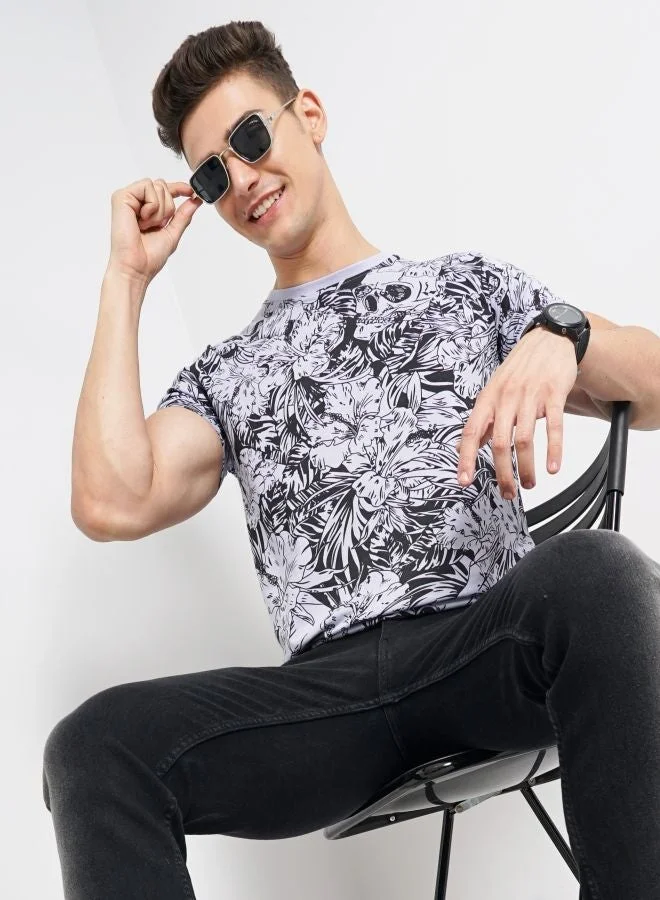 The Indian Garage Co Men Slim Fit Tropical Print Round Neck Tshirt