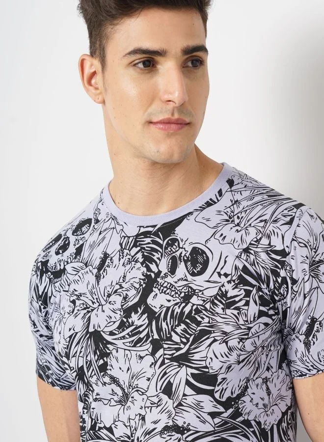 The Indian Garage Co Men Slim Fit Tropical Print Round Neck Tshirt