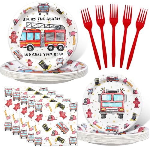 HaPiBiDesign Firetruck Theme Birthday Party Tableware Set with Plates Napkins and Forks - Image 1