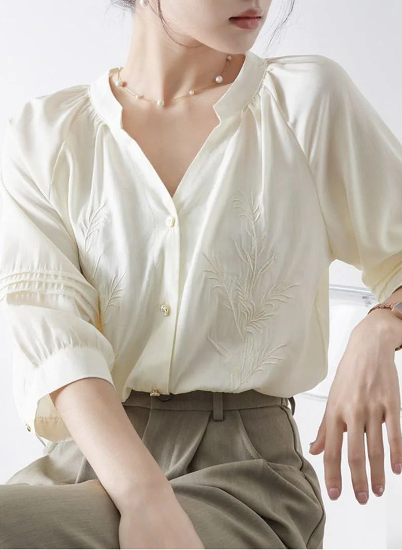 يونيكي Off White Casual Long Sleeves Solid Shirt