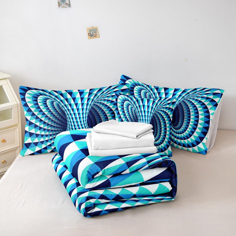 Bedorm Triangle Geometric Comforter Set 3D Abstract Bedding Set with Sheet Set Aqua Blue Triangle Tunnel Aesthetic Comforter Modern Psychedelic Bedding Comforter Set Queen - Image 4