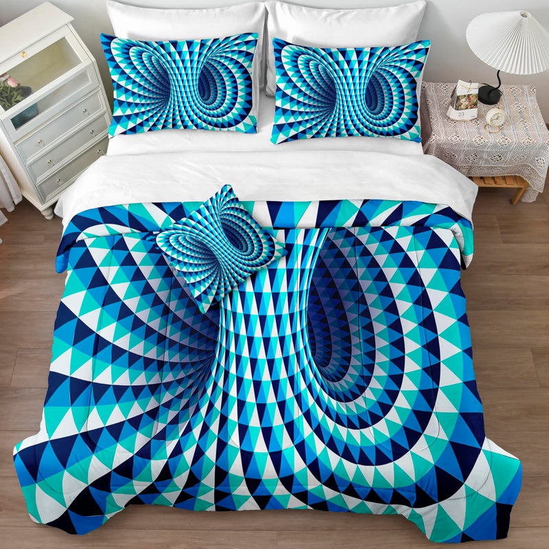 Bedorm Triangle Geometric Comforter Set 3D Abstract Bedding Set with Sheet Set Aqua Blue Triangle Tunnel Aesthetic Comforter Modern Psychedelic Bedding Comforter Set Queen - Image 1