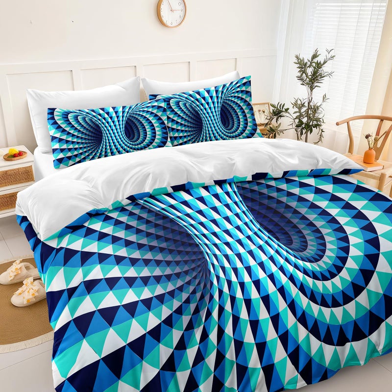 Bedorm Triangle Geometric Comforter Set 3D Abstract Bedding Set with Sheet Set Aqua Blue Triangle Tunnel Aesthetic Comforter Modern Psychedelic Bedding Comforter Set Queen - Image 2