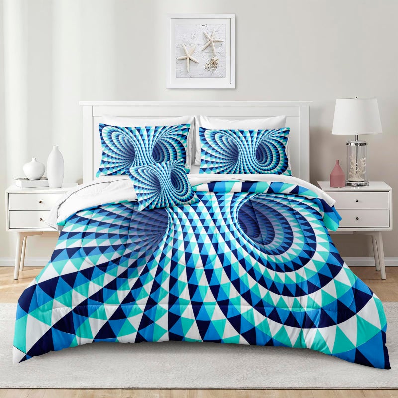 Bedorm Triangle Geometric Comforter Set 3D Abstract Bedding Set with Sheet Set Aqua Blue Triangle Tunnel Aesthetic Comforter Modern Psychedelic Bedding Comforter Set Queen - Image 3