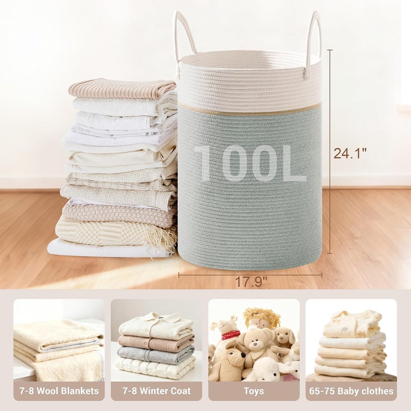 SunNewt Tall Laundry Basket with Handles, 100L Portable Dirty Clothes Hamper, Boho Cotton Rope Storage Bin for Blankets Kids Toys Gifts, Extra Large Organizer for Nursery Bedroom Bathroom, Sage Green - Image 2