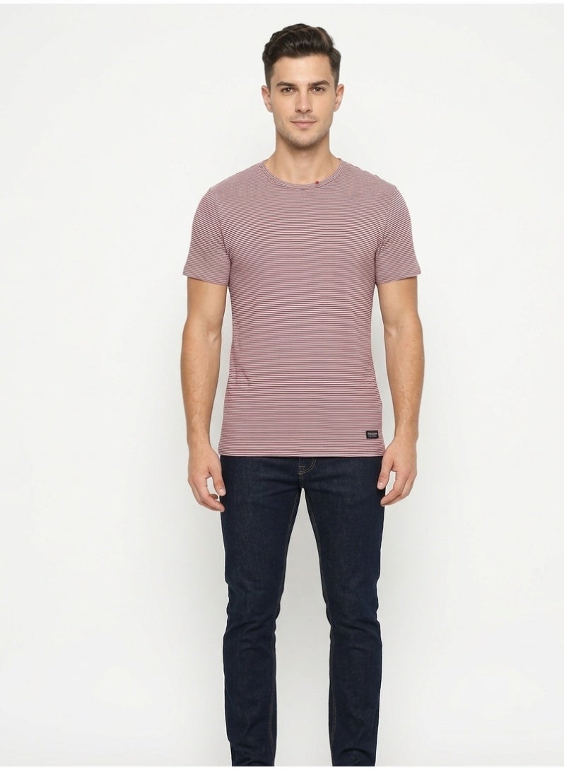 Blend Men’s Striped T-Shirt – Red & White Regular Fit Crew Neck Cotton Casual Tee - Image 1