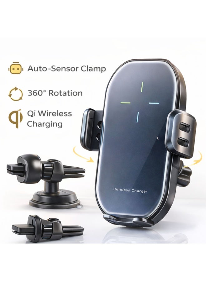 Smart Sensor Car Wireless Charger with Auto Clamp | Qi Wireless Charging | QC Fast Charging Support | 360° Rotation - Image 2