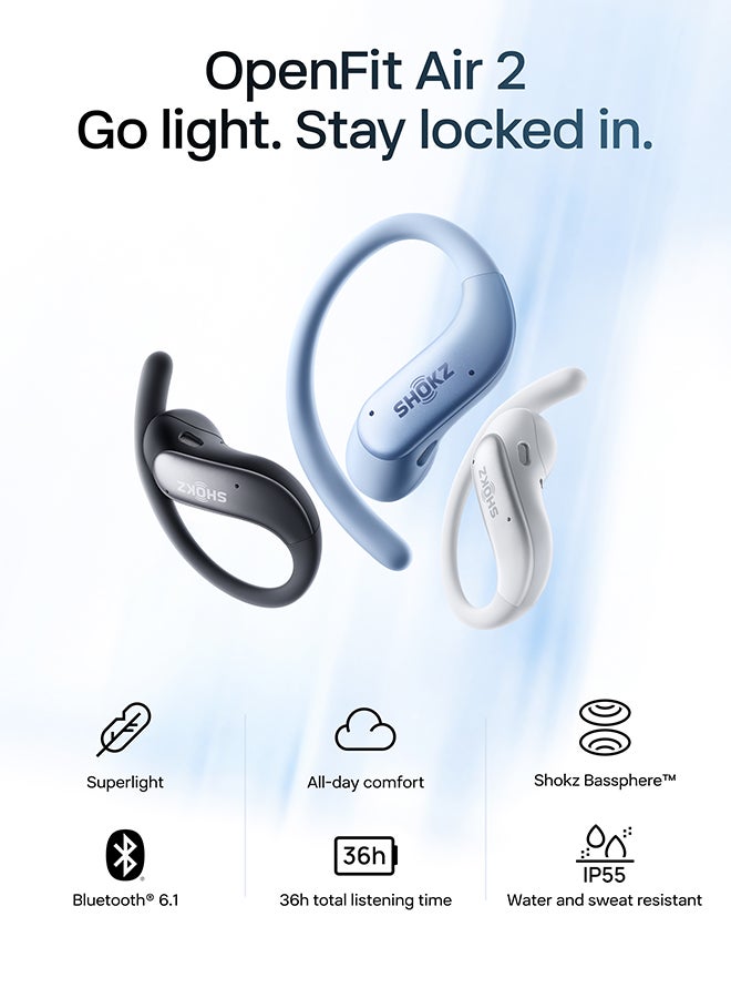 Shokz OpenFit Air 2 Open-Ear Headphones – Lightweight, Bluetooth 6.1, 36-Hour Playtime, Sweat & Water Resistant (IP55), Deep Bass, Workouts & Hiking white - Image 1