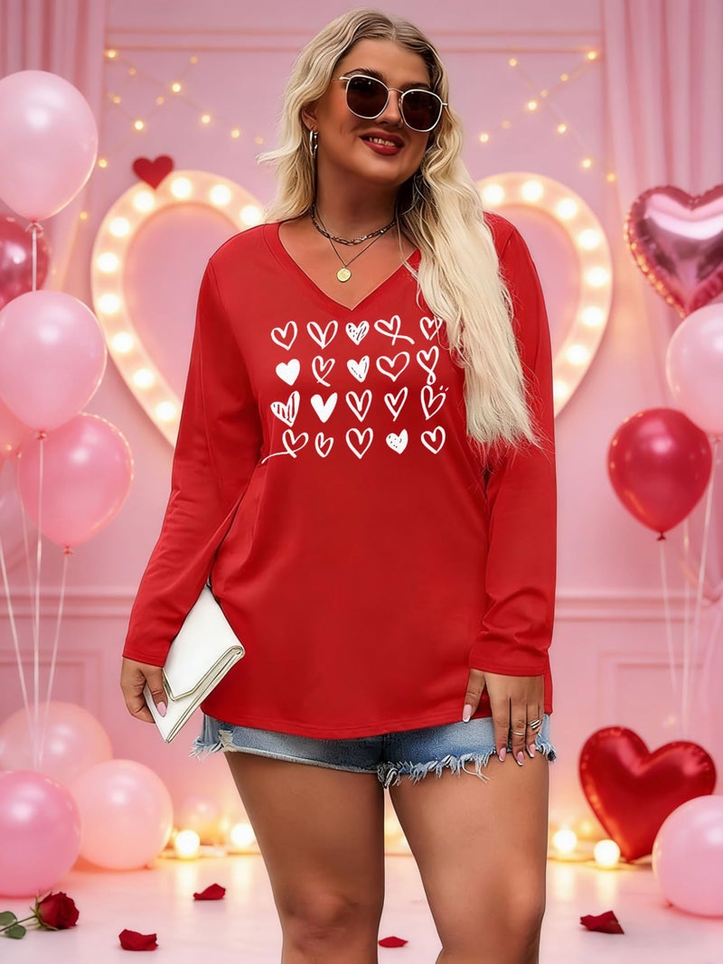 YALUCOR Plus Size Women Valentine Shirts Love Heart Graphic Long Sleeve Tshirt Casual Valentines Day Gift V Neck Tops - Image 2