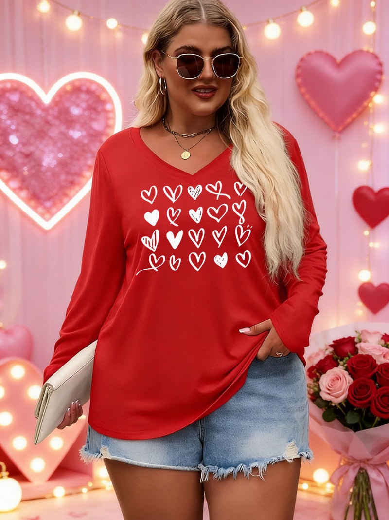 YALUCOR Plus Size Women Valentine Shirts Love Heart Graphic Long Sleeve Tshirt Casual Valentines Day Gift V Neck Tops - Image 4