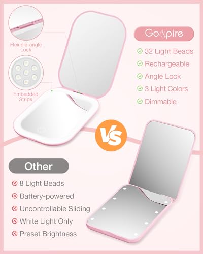 Gospire Ultra-Slim Lighted Travel Makeup Mirror with Lights and Magnification, Rechargeable 3X Magnifying Mirror with 3 Light Colors & Adjustable Brightness, LED Compact Mirror for Purses - Pink - Image 2