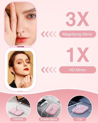 Gospire Ultra-Slim Lighted Travel Makeup Mirror with Lights and Magnification, Rechargeable 3X Magnifying Mirror with 3 Light Colors & Adjustable Brightness, LED Compact Mirror for Purses - Pink - Image 4
