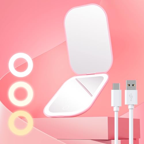 Gospire Ultra-Slim Lighted Travel Makeup Mirror with Lights and Magnification, Rechargeable 3X Magnifying Mirror with 3 Light Colors & Adjustable Brightness, LED Compact Mirror for Purses - Pink - Image 1