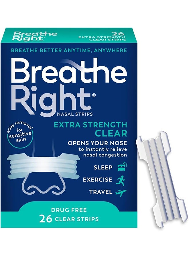 Breathe Right Nasal Strips, Extra Strength, Clear Nasal Strips, For Sensitive Skin, Help Stop Snoring, Drug-Free Snoring Solution & Nasal Congestion Relief Caused By Colds & Allergies, 26 Counts Strips - Image 1