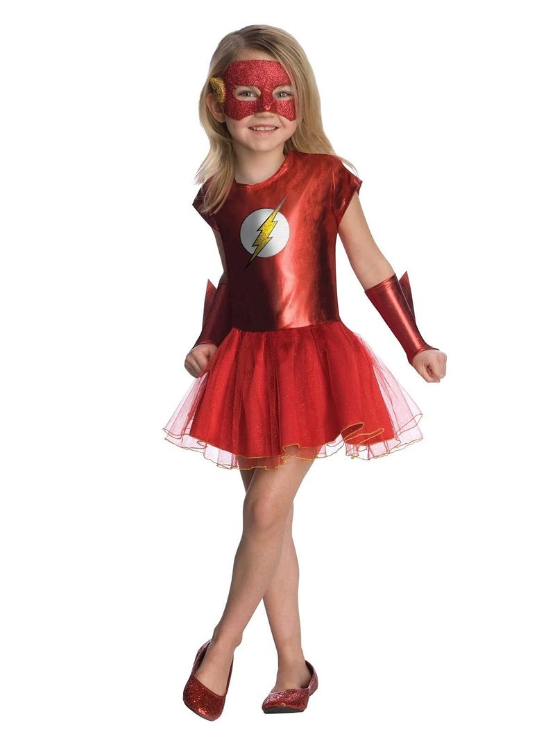 Rubies Girls DC Comics Justice League Flash Costume Tutu Dress with Gauntlets and Eye Mask for Themed Parties and Halloween Small