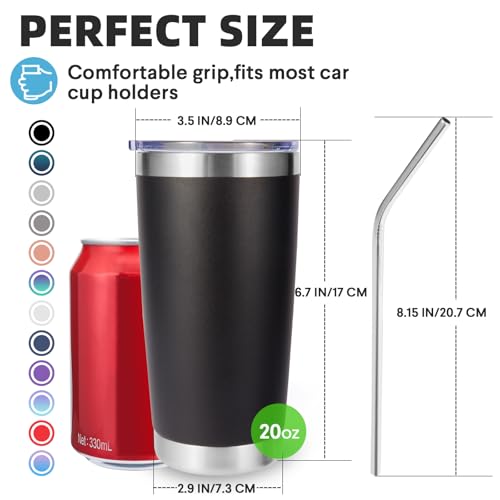 Volhoply 20oz Stainless Steel Tumbler with Lid and StrawDouble Wall Insulated Travel Iced Coffee Mug Fits Car Cup holderPowder Coated Cups for Hot and Cold DrinksGifts for Women MenBlack1 Set - Image 3