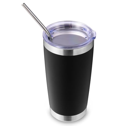 Volhoply 20oz Stainless Steel Tumbler with Lid and StrawDouble Wall Insulated Travel Iced Coffee Mug Fits Car Cup holderPowder Coated Cups for Hot and Cold DrinksGifts for Women MenBlack1 Set - Image 1