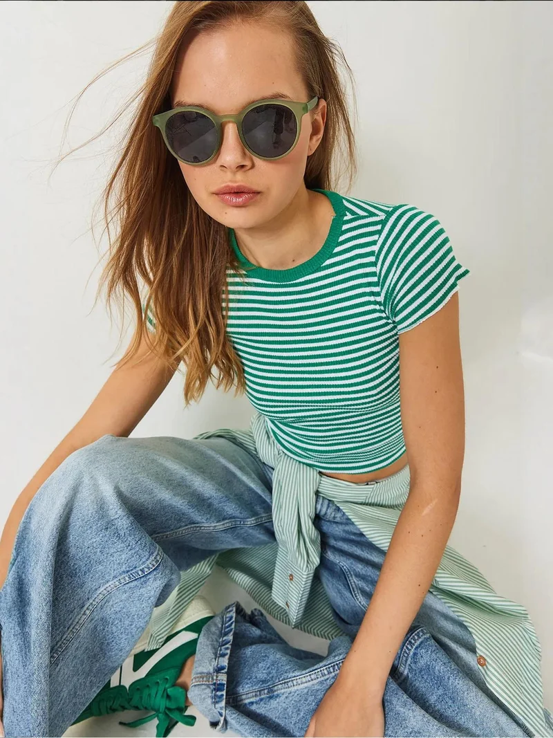 Bianco Lucci Multicolor LUCCI Striped Ribbed Crop Top with Crew Neck for Women | Best Price UAE