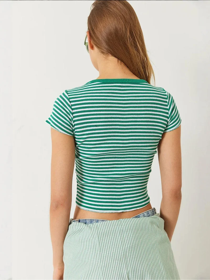 Bianco Lucci Multicolor LUCCI Striped Ribbed Crop Top with Crew Neck for Women | Best Price UAE