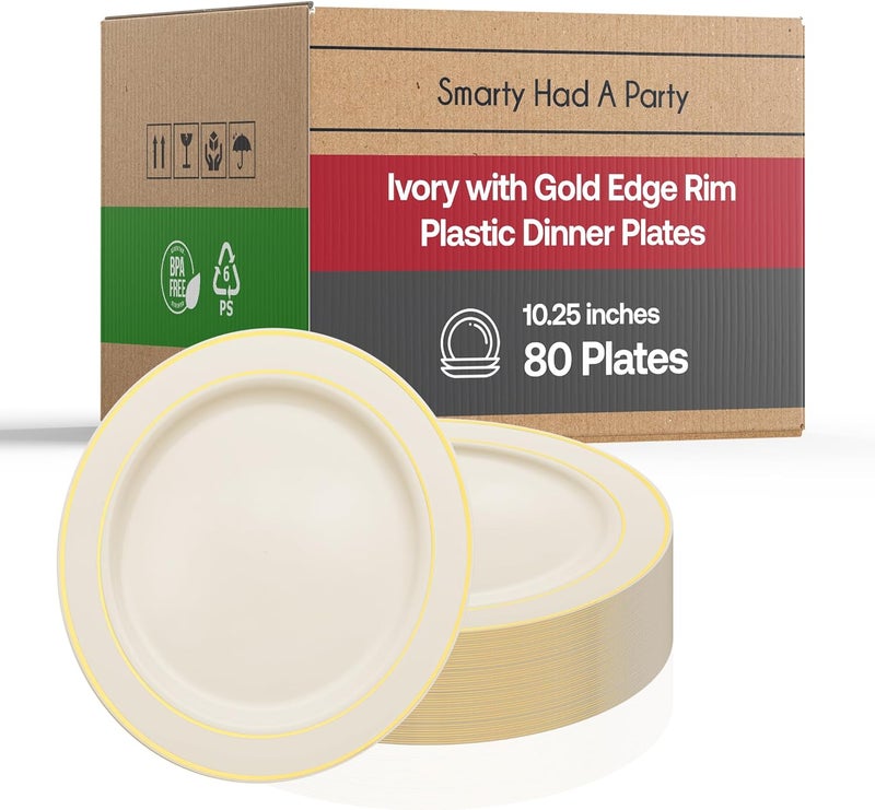 Smarty Had A Party أطباق عشاء بوفية 1025 بوصة عاجية مع حافة ذهبية 80 عبوة خالية من BPA وقابلة لإعادة التدوير للأحزاب وحفلات الزفاف والفعاليات - Image 1