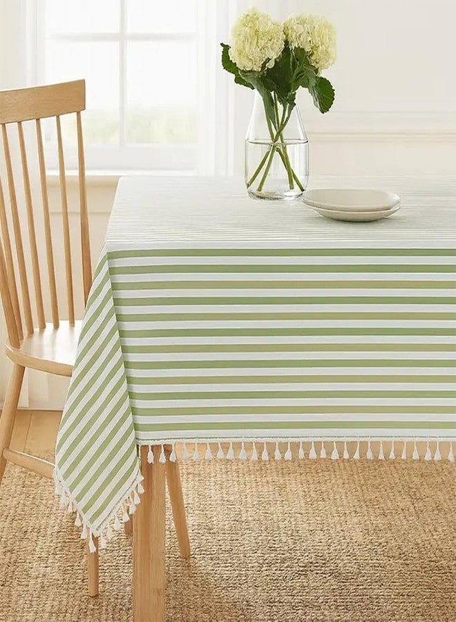 Fennco Styles Simply Striped Tassel Cotton Blend Tablecloth - Green Table Cover 55 x 88 Inch for Banquets, Holiday, Special Events, Outdoor and Home Decor - Image 1