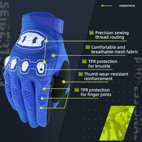 Seibertron Unisex MX ATV MTB Racing Gloves - Full Finger Touchscreen Glove for Bicycle Cycling Mountain Biking Motorcycle and Motocross Blue S - Image 4