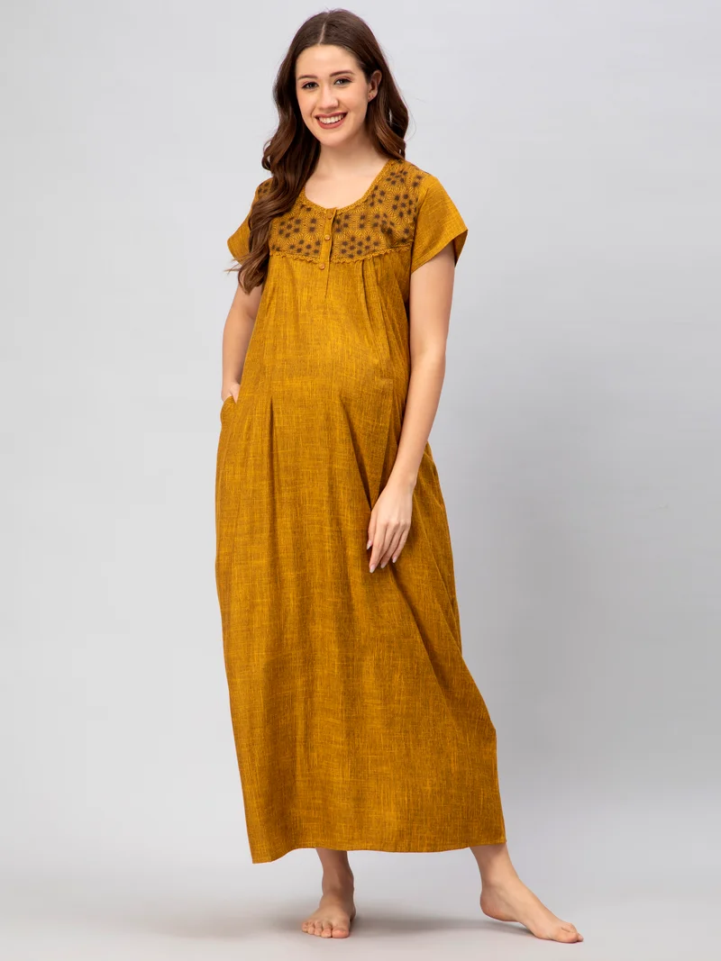 CEE 18 Women Cotton Rayon A-Line Maternity Wear Feeding Long Nursing Nighty Night Gown with Concealed Zipper(Dusty Mustard)