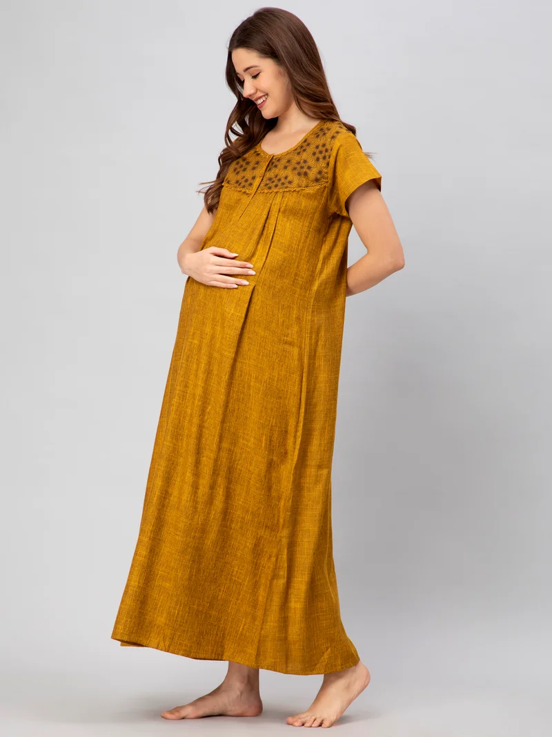 CEE 18 Women Cotton Rayon A-Line Maternity Wear Feeding Long Nursing Nighty Night Gown with Concealed Zipper(Dusty Mustard)