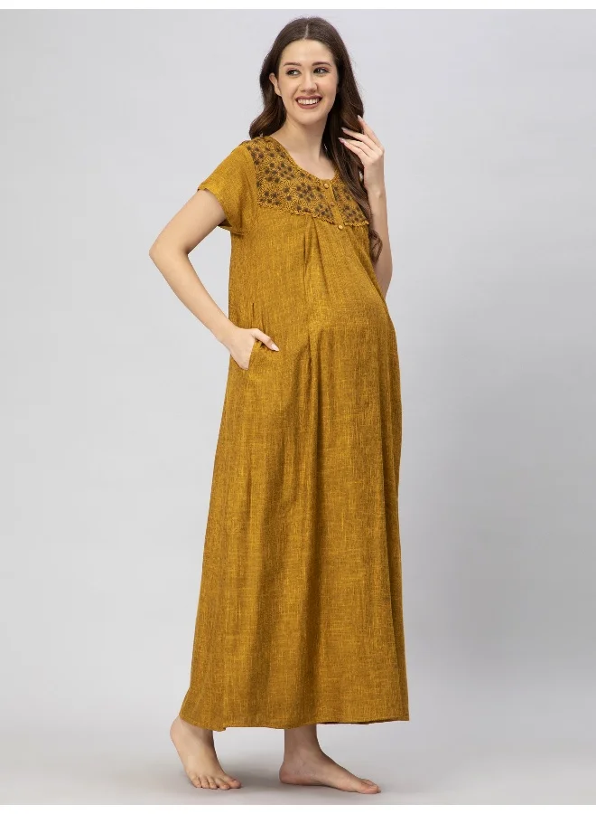 أوروبا الوسطى والشرقية 18 Women Cotton Rayon A-Line Maternity Wear Feeding Long Nursing Nighty Night Gown with Concealed Zipper(Dusty Mustard)