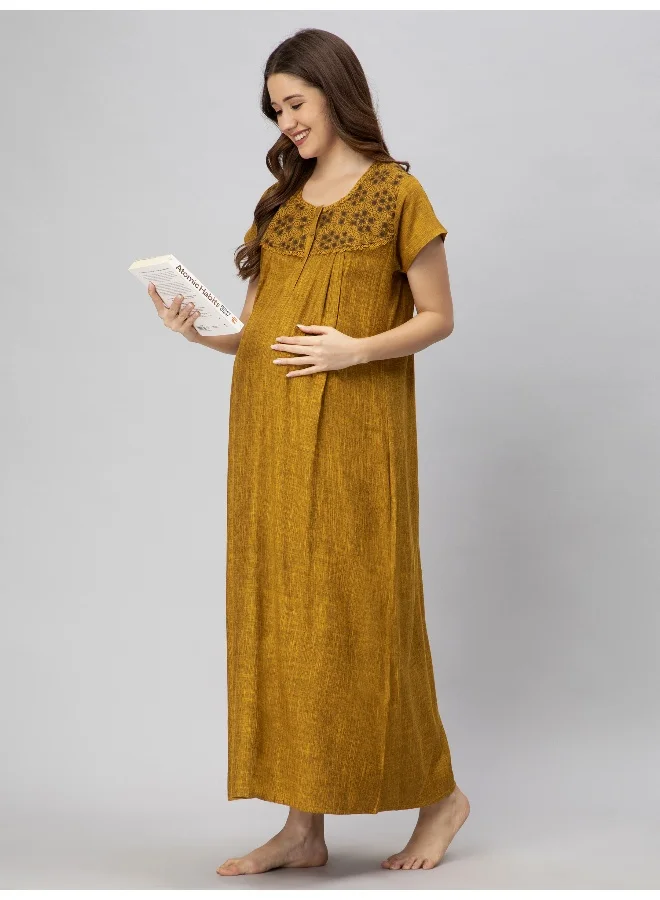 أوروبا الوسطى والشرقية 18 Women Cotton Rayon A-Line Maternity Wear Feeding Long Nursing Nighty Night Gown with Concealed Zipper(Dusty Mustard)