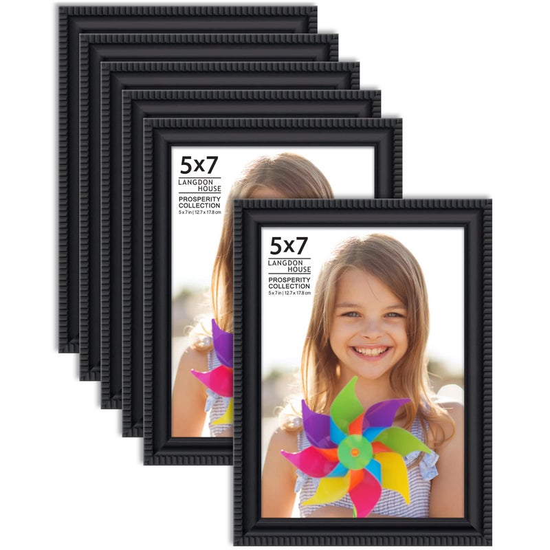 Langdon House 5x7 Picture Frames Black 6 Pack Contemporary Frame Set Wall Mount or Table Top Prosperity Collection